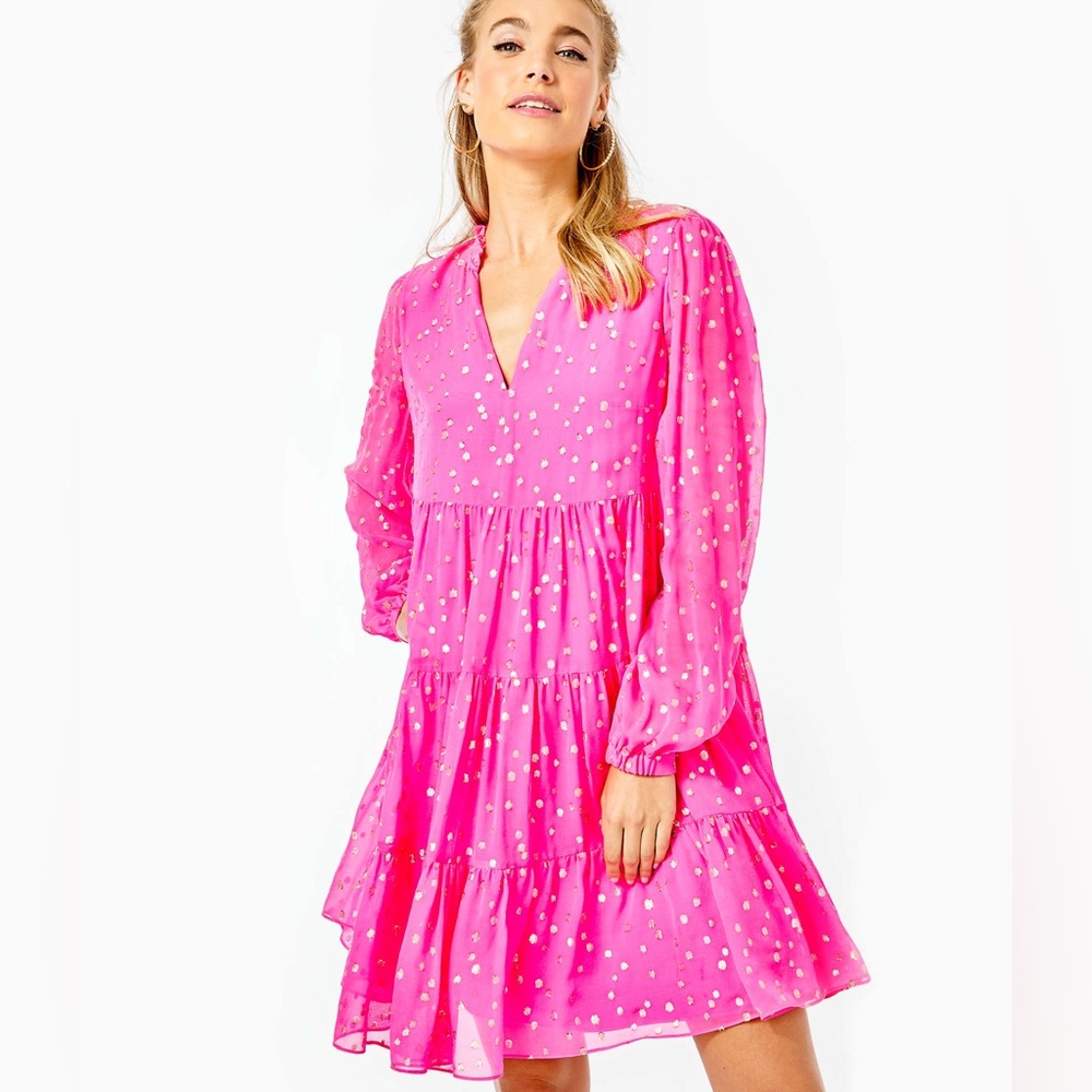 Lilly Pulitzer Sarita Silk Swing Dress Pink Topaz Gold Metallic